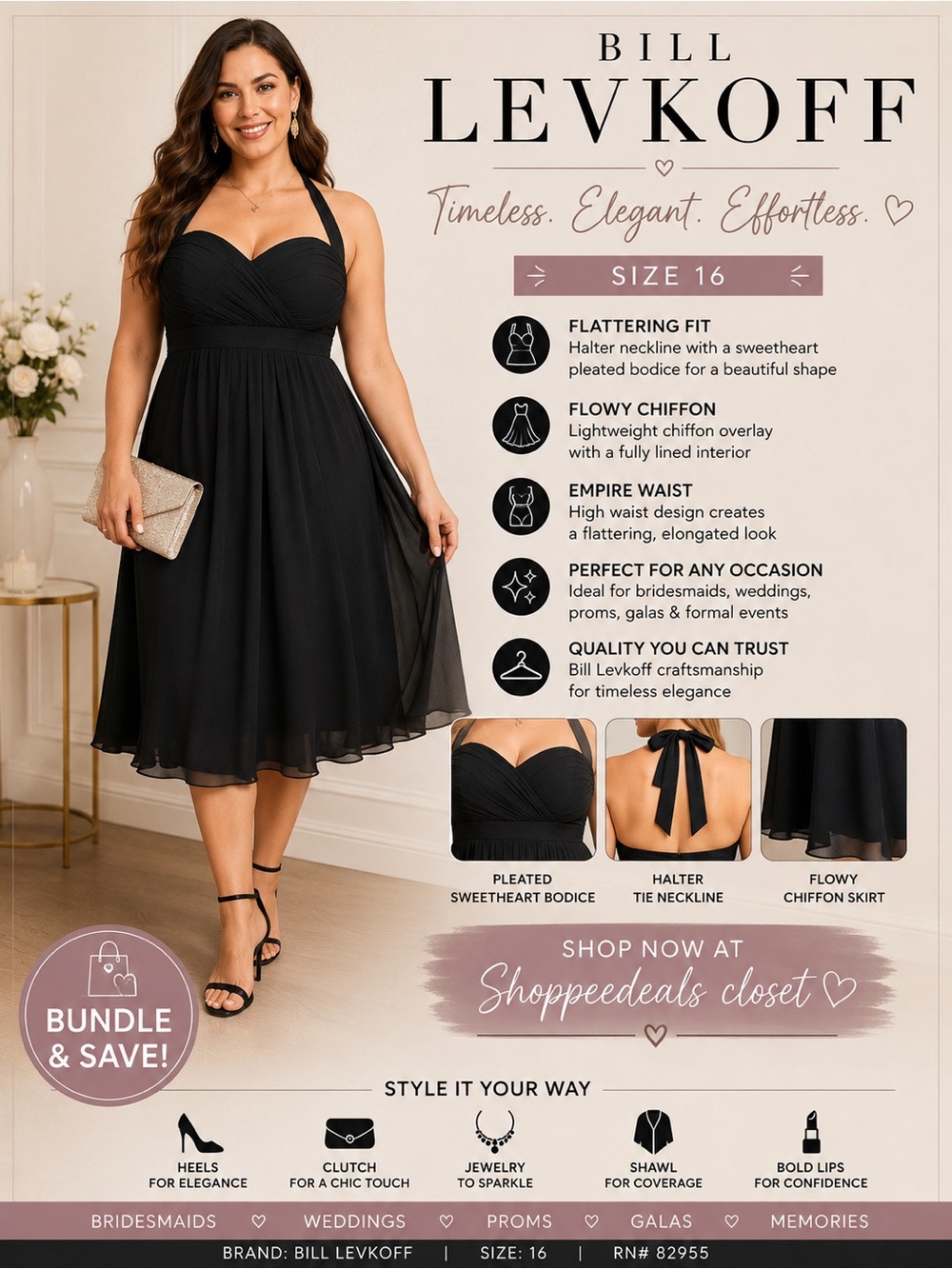 Bill Levkoff Black Chiffon Halter Bridesmaid/Formal Dress | Size 16
